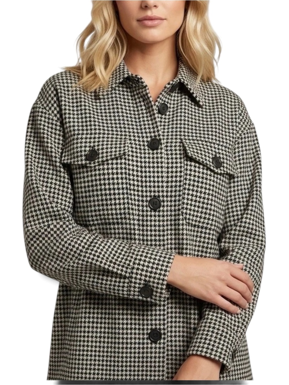 Loft Houndstooth Button-Front Shirt Jacket M Black & White Classic Preppy